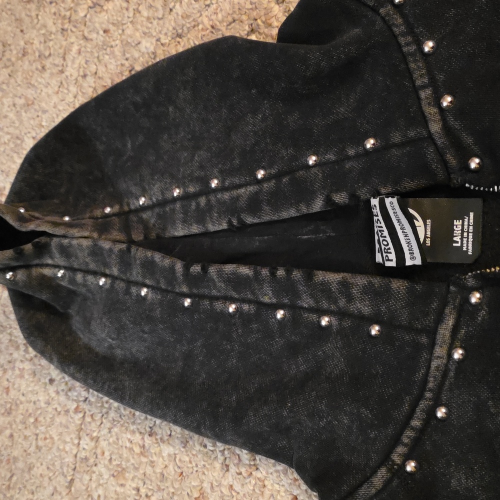 Broken Promises Adorned Washed Black Zip Up Hoodie Size Large - Picture 11 of 12